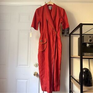 NWT BEAU DAVID linen rust red vintage surplice wrap style contrast stitch midi